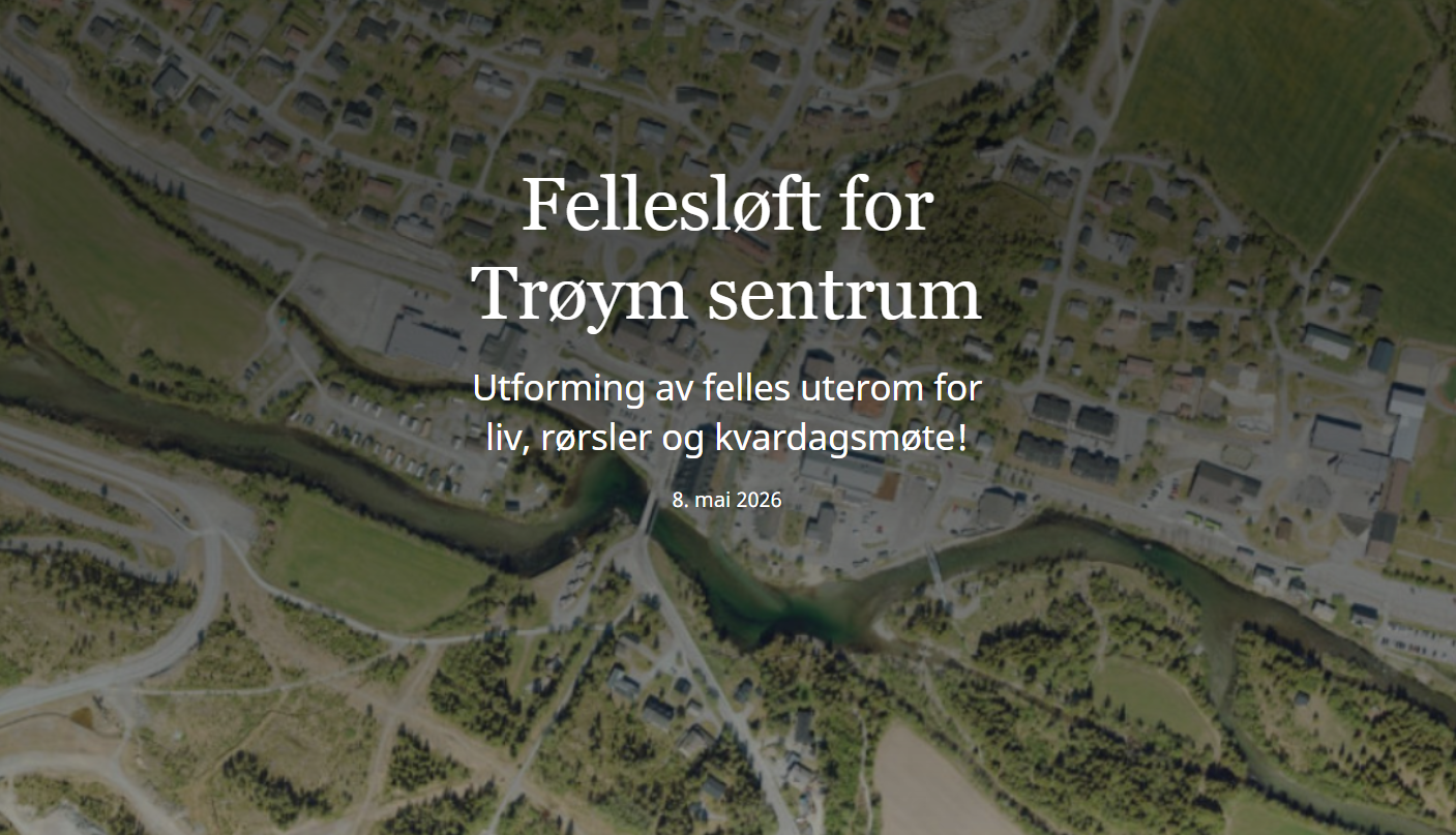 Flyfoto over Hemsedal sentrum med tekst; Fellesløft for Trøym sentrum.